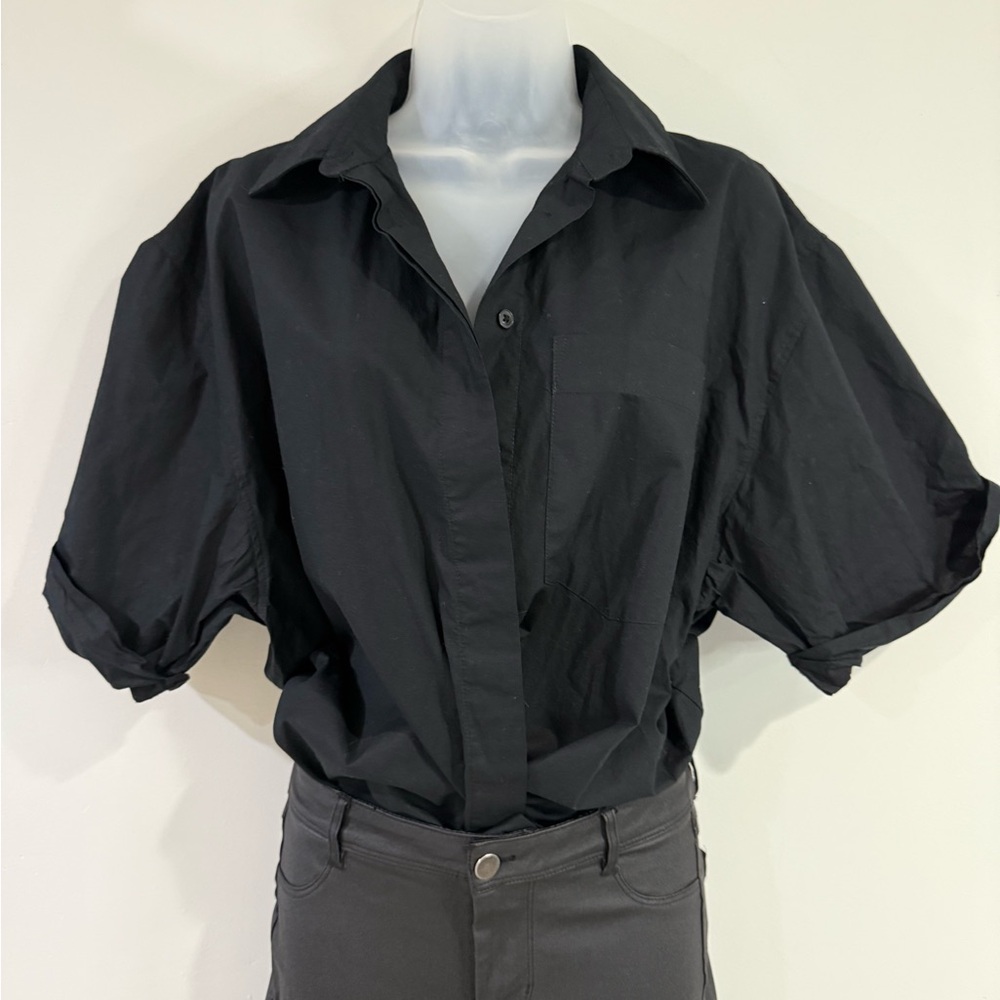 Zara Black Casual Button Down Shirt with Voluminous Sleeves